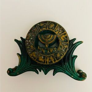 Vintage-1950-brass-7 branches menorah-12 zodiac signs-napkin/paper holder-Israel